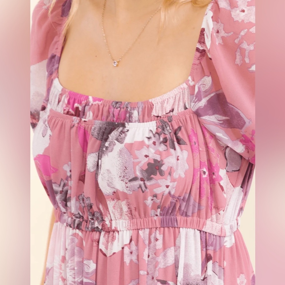 WOMEN'S SHORT SLEEVE SQUARE NECK ELASTIC WAIST FLORAL PRINT MIDI DRESS - Picture 6 of 9